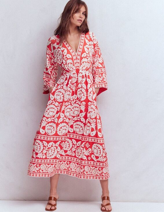 Boden Dresses & Skirts - Boden Nell Kimono Midi Jersey Dress Bright Cherry, Ornate Floret Size 8